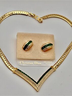 Christian Dior Gold-ToneNecklace & Earrings Set with Emerald Green Stones